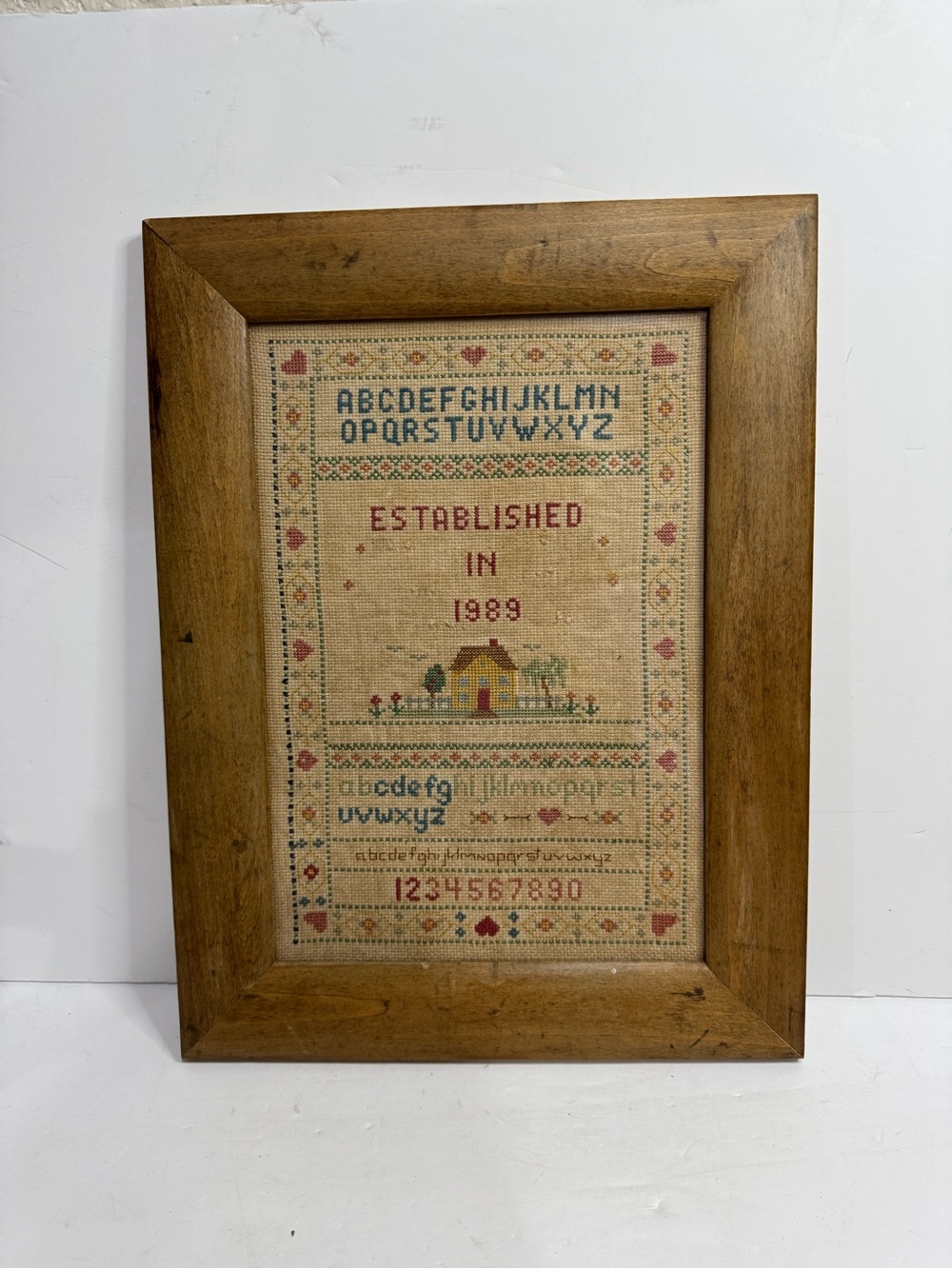 Vintage 1989 Framed Alphabet & House Cross-Stitch Sampler